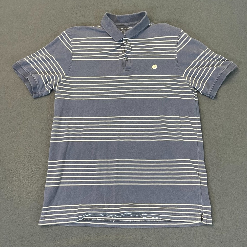 Banana Republic Mens Large‎ Polo Blue White Striped Shirt Slim Logo 100% Cotton